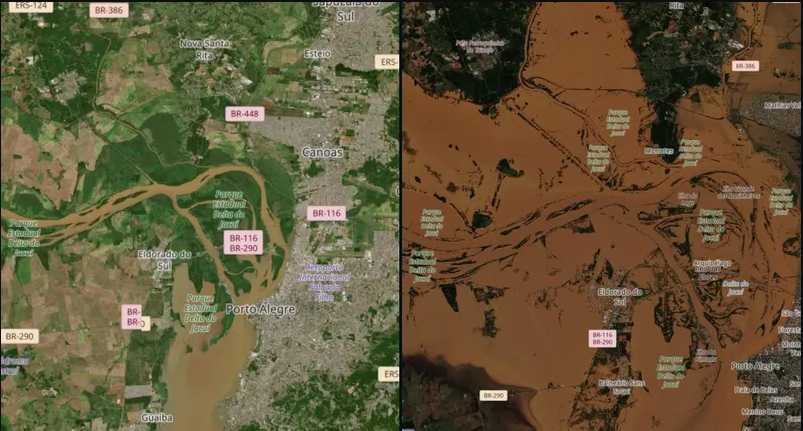 antes e depois da enchente em Porto Alegre.